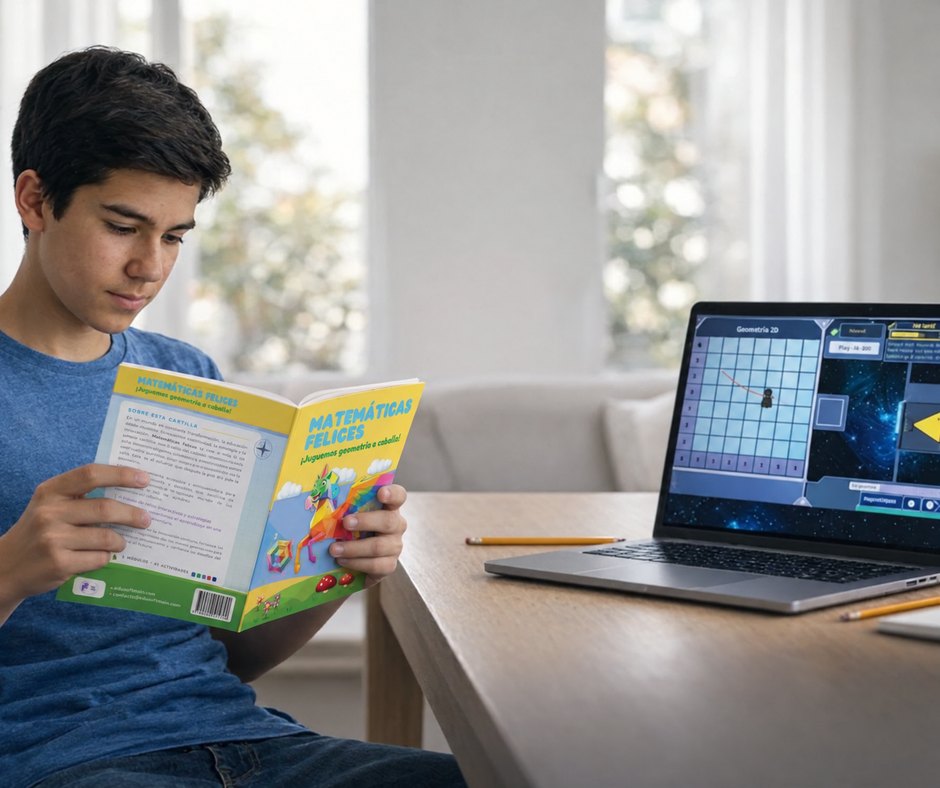 Un niño lee la cartilla Matemáticas Felices mientras la misma actividad corre en el portátil