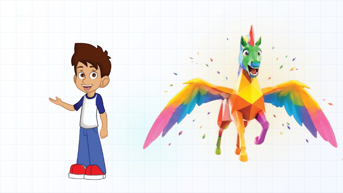 Rafael, el niño que guía la cartilla, presenta a Pegassus, el caballo alado de facetas de colores